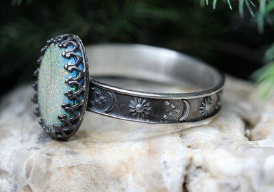 Opal Ring * Solid Sterling Silver Ring* Celestial Pattern Band * Full Moon * 14x10mm* Monarch Opal *  Any Size - image2